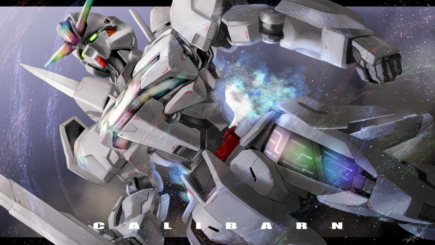 beam_cannon character_name commentary energy_cannon english_text exhaust green_eyes gundam gundam_calibarn gundam_suisei_no_majo highres holding holding_cannon holding_weapon light_particles mecha mobile_suit no_humans robot science_fiction signature solo tetsuya_tsuji upper_body v-fin weapon