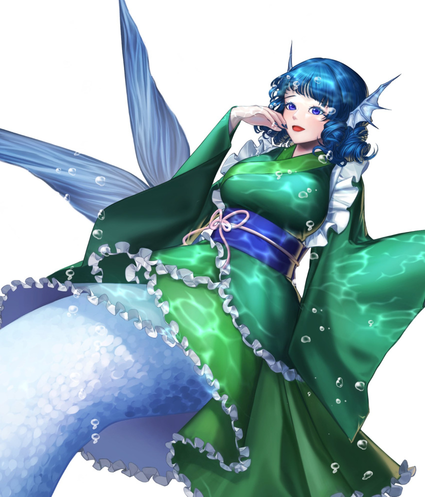 1girl blue_eyes blue_hair commentary_request drill_hair drill_sidelocks fins frilled_kimono frills green_kimono head_fins highres japanese_clothes kimono korean_commentary long_sleeves looking_at_viewer mermaid miyo_(miyo_fanbox) monster_girl short_hair sidelocks simple_background touhou wakasagihime white_background wide_sleeves