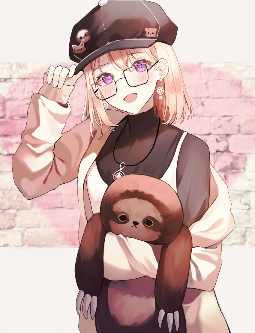 1girl :d absurdres adjusting_clothes adjusting_headwear black_headwear blonde_hair blush cabbie_hat camisole cardigan commentary cowboy_shot crossed_bangs earrings fu_u03 glasses hair_between_eyes hat head_tilt highres holding holding_stuffed_toy jewelry long_sleeves looking_at_viewer medium_hair necklace open_cardigan open_clothes open_mouth original parted_bangs puffy_sleeves shirt single_off_shoulder sloth_(animal) smile solo spaghetti_strap stuffed_animal stuffed_toy turtleneck variant_set violet_eyes white_camisole white_cardigan