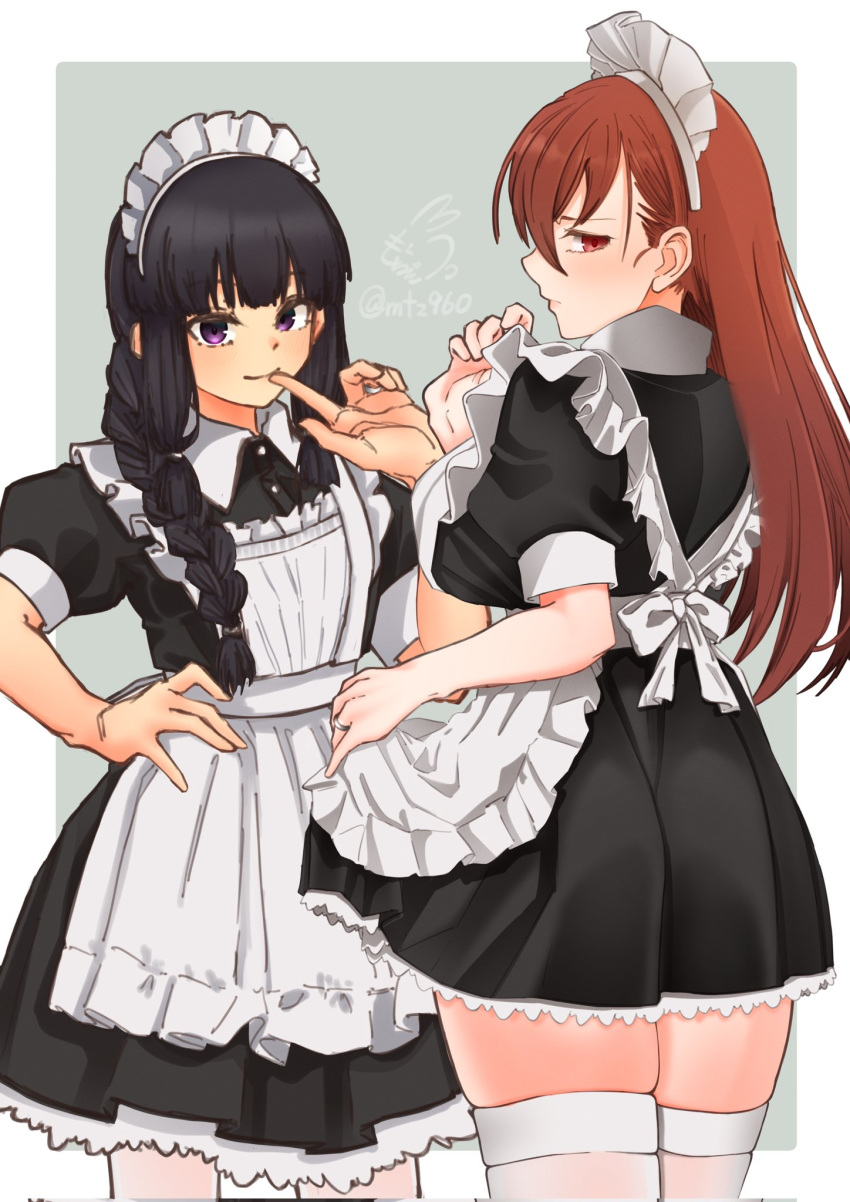 alternate_costume black_dress border braid braided_ponytail breasts brown_hair closed_mouth commentary_request cowboy_shot dress enmaided frilled_dress frills from_behind grey_background hand_on_own_hip highres jewelry kantai_collection kitakami_(kancolle) long_hair looking_at_viewer looking_back maid maid_headdress medium_breasts mochizou navel ooi_(kancolle) puffy_short_sleeves puffy_sleeves red_eyes ring short_sleeves signature smile thigh-highs twitter_username violet_eyes wedding_ring white_border white_thighhighs