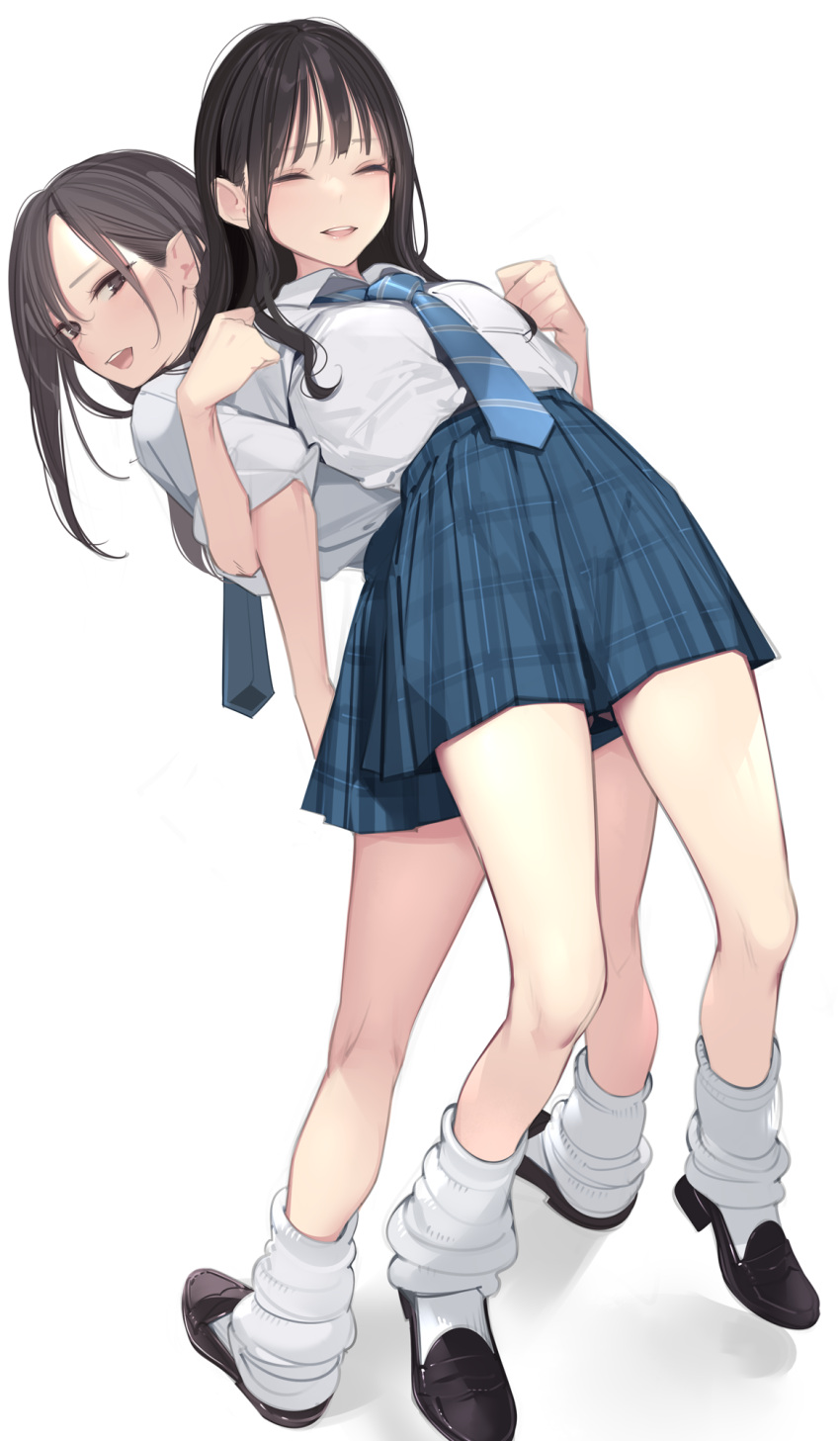 2girls ama_mitsuki assisted_stretching back-to-back behind_another black_hair blue_necktie blue_skirt blush brown_eyes brown_footwear brown_hair closed_eyes collared_shirt diagonal-striped_necktie diagonal_stripes exercise full_body highres kneepits lifting_person loafers locked_arms long_hair long_sleeves looking_back loose_socks multiple_girls necktie open_mouth original plaid plaid_skirt pleated_skirt school_uniform shirt shoes skirt sleeves_rolled_up smile socks stretching striped striped_necktie white_shirt white_socks