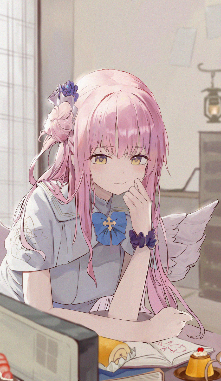 1girl absurdres angel_wings blue_archive feathered_wings flower food frilled_ribbon frills hair_bun hair_flower hair_ornament hair_ribbon highres jsscj looking_at_viewer low_wings mika_(blue_archive) pink_hair pudding purple_flower ribbon single_side_bun solo white_ribbon white_wings wings yellow_eyes