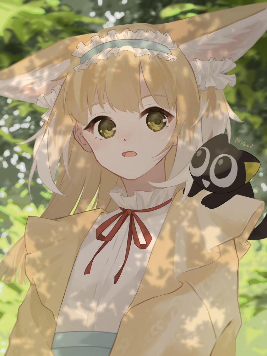 1girl :d absurdres animal animal_ear_fluff animal_ears animal_on_shoulder arknights black_cat blonde_hair blue_hairband blue_skirt blurry blurry_background brown_jacket cat crossover depth_of_field fox_ears frilled_hairband frills green_eyes hairband highres jacket long_hair luo_xiaohei luo_xiaohei_zhanji motoha neck_ribbon open_clothes open_jacket red_ribbon ribbon shirt signature skirt smile suzuran_(arknights) suzuran_(spring_praise)_(arknights) upper_body white_shirt