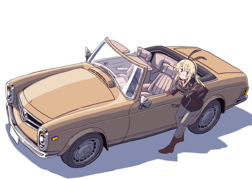 1girl alternate_costume black_jacket blonde_hair blush boots brown_footwear brown_gloves car closed_mouth gloves ground hairband hand_on_own_hip highres jacket kantai_collection kisei_mt long_hair long_sleeves looking_at_viewer motor_vehicle pants scarf shimakaze_(kancolle) simple_background solo standing striped striped_scarf vehicle_focus vehicle_request white_background