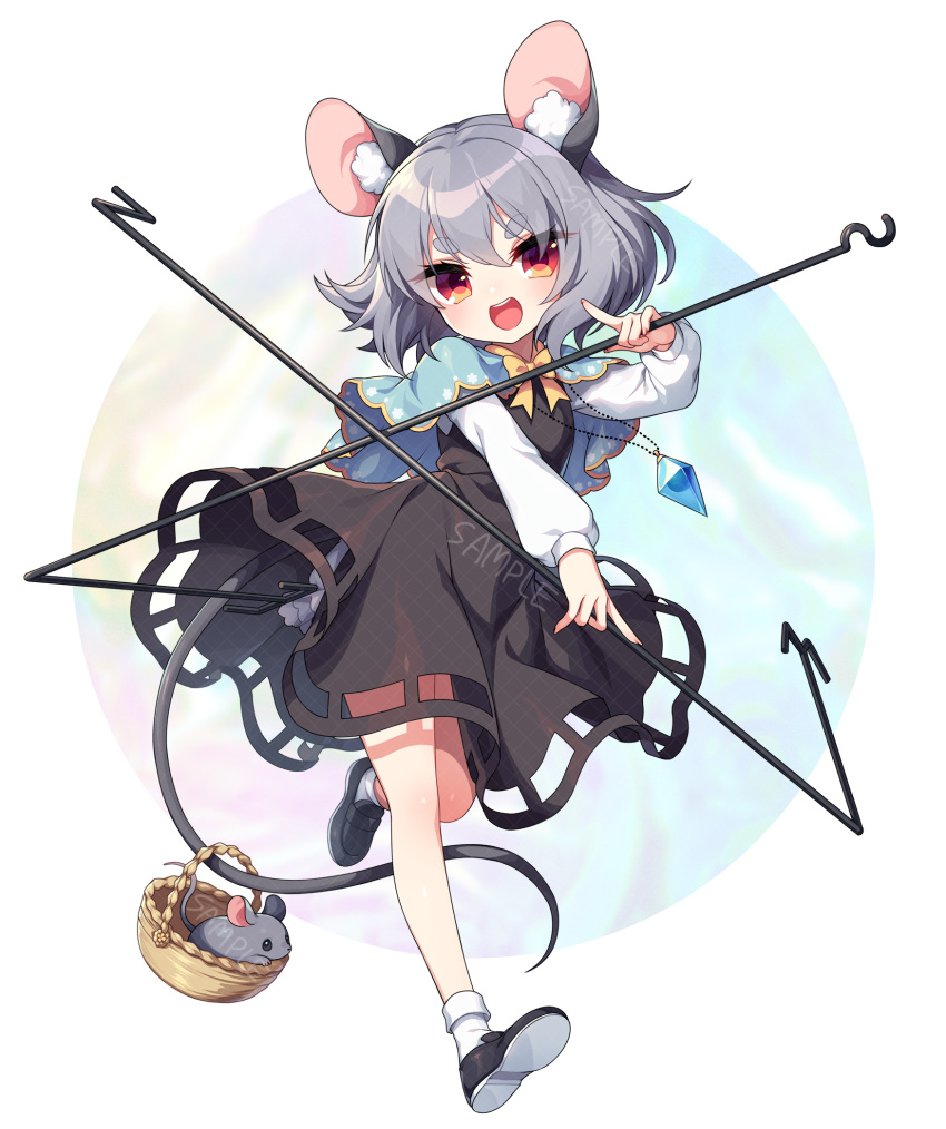 1girl animal animal_ear_fluff animal_ears black_dress black_footwear blue_capelet blush capelet dowsing_rod dress fingernails full_body grey_hair hair_between_eyes highres jewelry kozakura_(dictionary) long_sleeves mouse mouse_ears mouse_tail nazrin open_mouth pendant red_eyes sample_watermark shirt shoes short_hair smile socks solo tail thick_eyebrows touhou watermark white_shirt white_socks