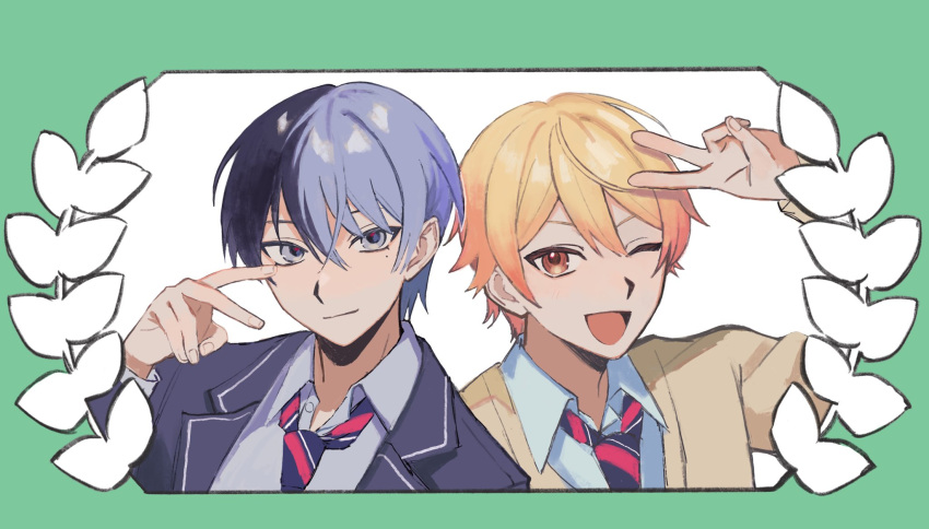 2boys :d aoyagi_touya arm_up blonde_hair blue_eyes blue_hair cardigan closed_mouth collared_shirt commentary dark_blue_hair diagonal-striped_necktie gradient_hair hand_up highres kamiyama_high_school_uniform_(project_sekai) lapels long_sleeves looking_at_viewer male_focus mole mole_under_eye multicolored_hair multiple_boys notched_lapels one_eye_closed open_collar open_mouth orange_eyes orange_hair project_sekai school_uniform shirt short_hair smile so17p split standing standing_on_one_leg standing_split tenma_tsukasa two-tone_hair upper_body v yellow_cardigan