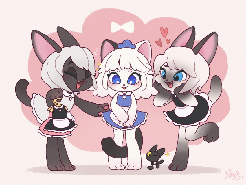 3girls :d animal_ears apron artist_name black_dress black_fur blue_dress blush cat_ears cat_girl cat_tail closed_eyes dress fangs full_body furry furry_female gradient_fur hands_on_own_cheeks hands_on_own_face heart highres holding holding_clothes hua_hua_de_meme leg_up long_hair maid multiple_girls original pink_background signature smile standing standing_on_one_leg tail waist_apron white_apron white_dress white_fur white_hair
