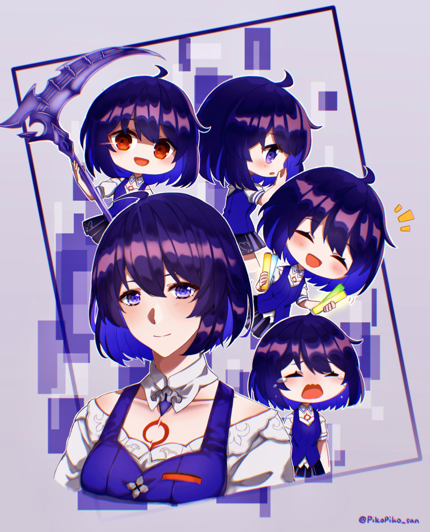 5girls :d absurdres ahoge artist_name blue_eyes blue_hair blue_skirt blue_vest bob_cut chibi closed_eyes closed_mouth cropped_torso crying highres holding holding_scythe holding_weapon honkai_(series) honkai_impact_3rd lorust multiple_girls multiple_persona open_mouth purple_background red_eyes scythe seele_(alter_ego) seele_vollerei seele_vollerei_(swallowtail_phantasm) shirt short_hair skirt smile tattoo vest weapon white_shirt