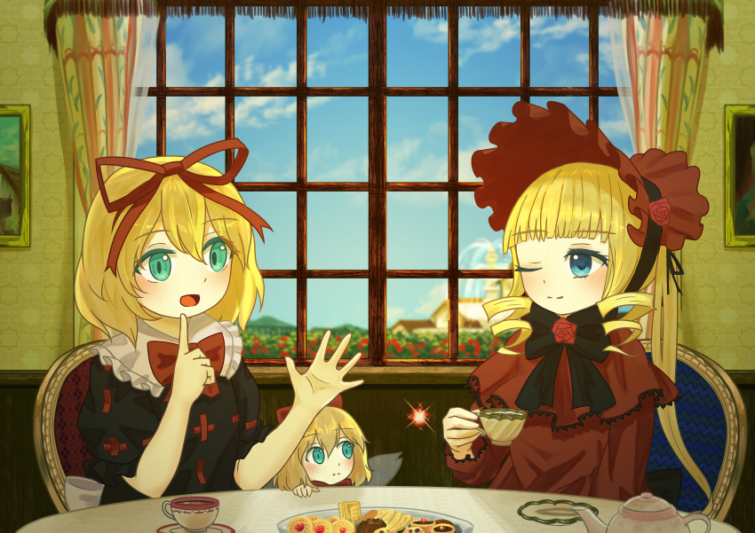 3girls absurdres alternate_eye_color blonde_hair blue_eyes bonnet bow bowtie capelet crossover cup dress drill_hair drill_sidelocks ekaapetto flower food frilled_capelet frilled_shirt frilled_shirt_collar frilled_sleeves frills green_bow green_bowtie green_eyes hair_ribbon highres lolita_fashion long_hair long_sleeves medicine_melancholy mini_person minigirl multiple_girls one_eye_closed open_mouth plate puffy_short_sleeves puffy_sleeves red_bow red_capelet red_dress red_headwear red_ribbon ribbon rose rozen_maiden shinku shirt short_hair short_sleeves sidelocks su-san talking tea teacup teapot touhou twintails window wings