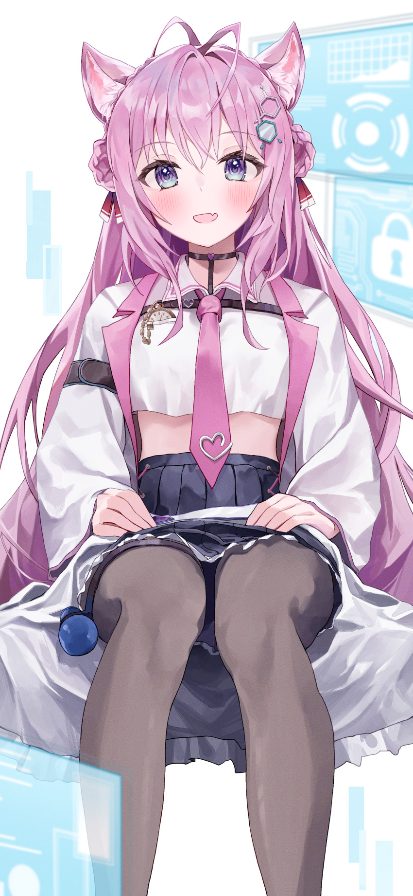 1girl absurdres animal_ears blush breasts coat collared_shirt crop_top fang hakui_koyori highres hololive lab_coat large_breasts long_coat long_hair looking_at_viewer necktie nel_dcm open_mouth pink_hair pink_necktie shirt simple_background skin_fang smile solo violet_eyes virtual_youtuber white_background white_coat white_shirt wolf_ears wolf_girl