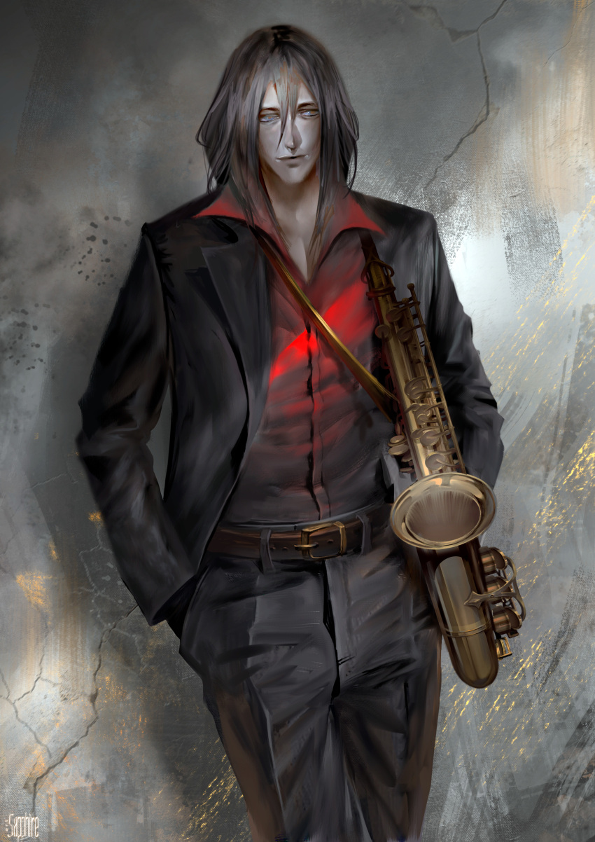 absurdres androgynous artist_name black_hair closed_mouth cowboy_bebop formal grencia_mars_elijah_guo_eckener highres holding holding_instrument instrument jacket long_hair looking_to_the_side male_focus red_shirt sapphire_art saxophone shirt solo suit t-shirt