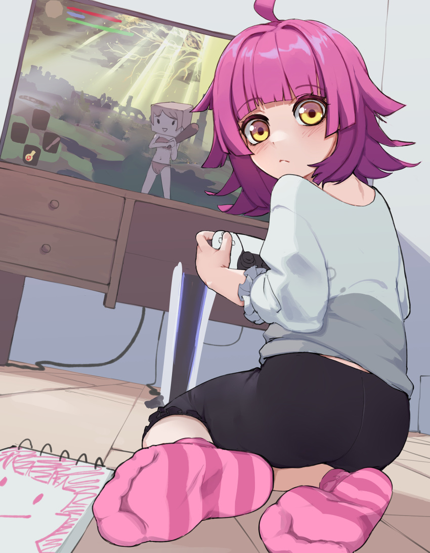 1girl absurdres ahoge ass black_leggings blunt_bangs blunt_ends blush controller drawing elden_ring english_commentary expressionless feet flat_screen_tv game_console game_controller hands_up highres holding holding_controller holding_game_controller indoors k-rha's leggings legs long_sleeves looking_at_viewer love_live! love_live!_nijigasaki_high_school_idol_club no_shoes on_floor pink_footwear pink_hair playing_games playstation_5 rina-chan_board shirt short_hair sidelocks sitting socks soles solo television tennouji_rina white_shirt wooden_floor yellow_eyes