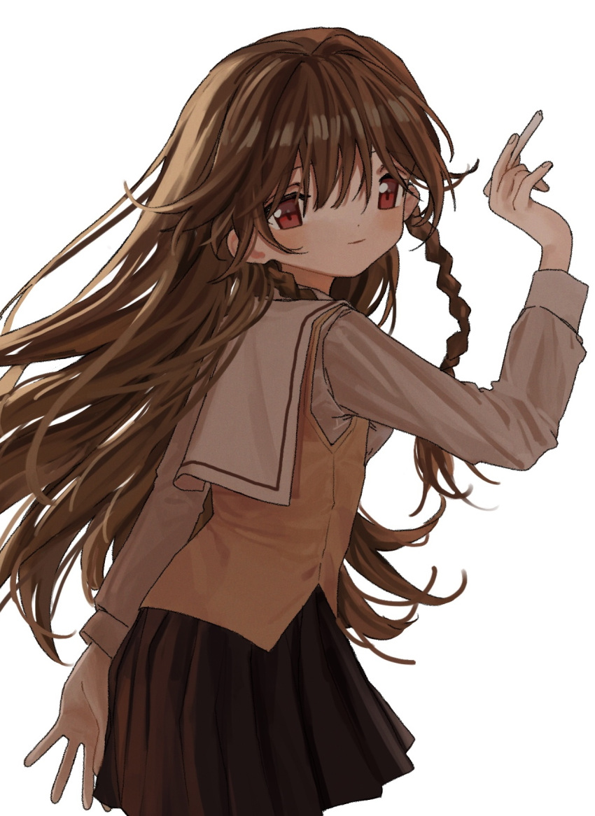 1girl arm_at_side black_skirt blush braid brown_hair brown_vest chalk closed_mouth commentary dress_shirt floating_hair from_behind hand_up highres holding holding_chalk leaning_forward light_smile long_hair looking_at_viewer looking_back neko_yeye pleated_skirt red_eyes sailor_collar sayonara_wo_oshiete school_uniform shirt side_braids sidelighting simple_background skirt sleeve_cuffs solo sugamo_mutsuki symbol-only_commentary vest white_background white_sailor_collar white_shirt