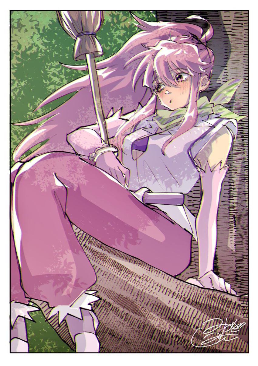 1girl arche_klein belt bracelet broom elbow_gloves feet_out_of_frame gloves highres jewelry long_hair misuco28 pants pink_eyes pink_hair pink_pants ponytail solo tales_of_(series) tales_of_phantasia tree wide_ponytail