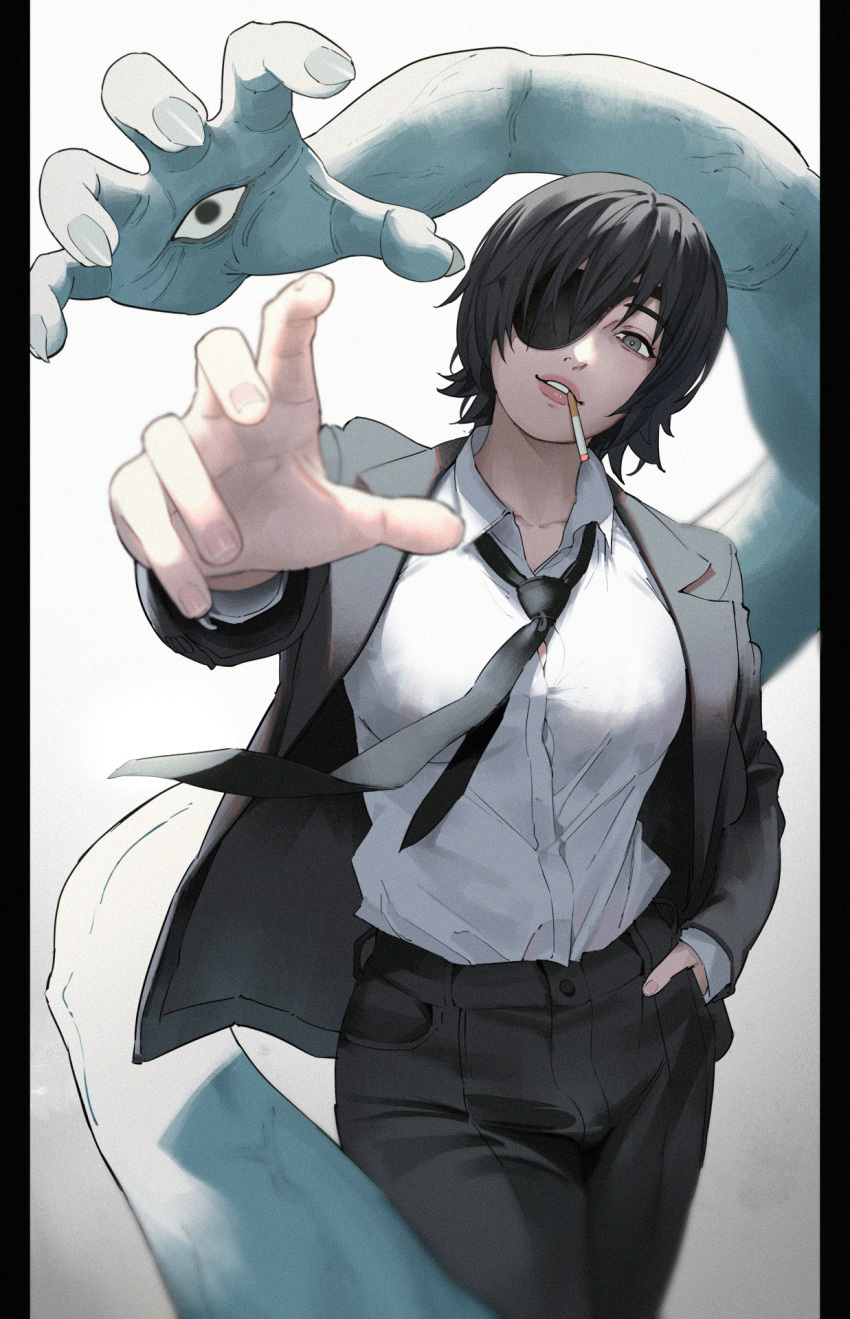 1girl black_hair black_jacket black_necktie breasts chainsaw_man cigarette commentary cowboy_shot eyepatch foreshortening giganticbuddha grey_eyes hand_in_pocket head_tilt highres himeno_(chainsaw_man) jacket large_breasts loose_necktie necktie parted_lips pillarboxed reaching reaching_towards_viewer short_hair smoking solo suit suit_jacket