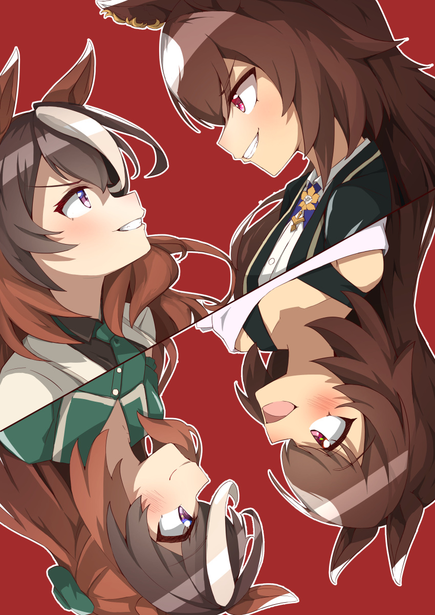 2girls absurdres animal_ears bare_shoulders black_jacket blush brown_hair closed_mouth commentary_request ear_ornament green_necktie green_shirt grin highres horse_ears horse_girl jacket kotatudogs long_hair looking_at_another multicolored_hair multiple_girls multiple_views necktie official_alternate_costume open_mouth red_background red_eyes shirt short_sleeves simple_background sirius_symboli_(escorte_etoile)_(umamusume) sirius_symboli_(umamusume) smile streaked_hair sweater symboli_rudolf_(escorte_etoile)_(umamusume) symboli_rudolf_(umamusume) tonight_at_the_ligne_droite_(umamusume) umamusume very_long_hair violet_eyes white_hair white_jacket white_sweater