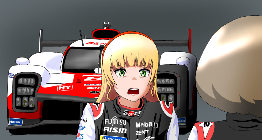 2girls black_jacket blonde_hair brown_hair car commentary_request grey_background hairband heanna_sumire highres jacket le_mans_prototype long_hair looking_at_another love_live! love_live!_superstar!! michelin michelin_man motor_vehicle multiple_girls open_mouth race_vehicle racecar racing_suit red_hairband short_hair tang_keke tearing_up toyota toyota_gazoo_racing toyota_gr010 world_endurance_championship yohakichi