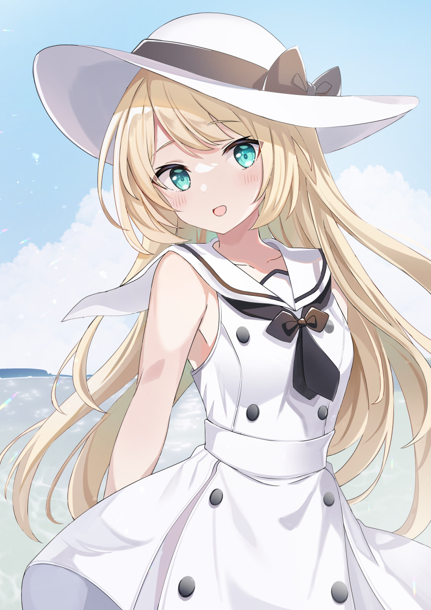 1girl absurdres blonde_hair blue_eyes blush day dress fathom hat highres jervis_(kancolle) kantai_collection long_hair ocean open_mouth outdoors sailor_collar sailor_dress sleeveless sleeveless_dress smile solo sun_hat upper_body white_dress white_headwear white_sailor_collar