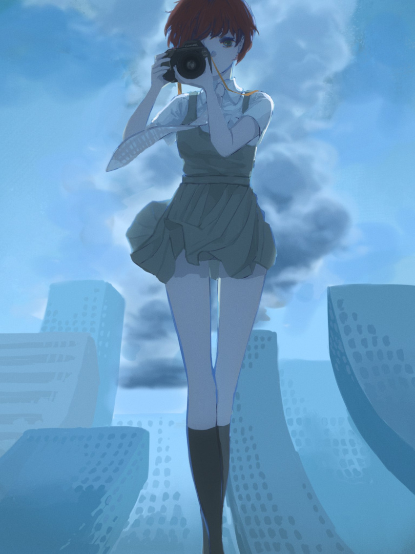1girl aiming aiming_at_viewer blue_sky blue_theme breasts brown_necktie building camera city cityscape clothes_lift clouds cloudy_sky commentary danganronpa_(series) danganronpa_2:_goodbye_despair day distortion dress dress_shirt feet_out_of_frame floating_neckwear gingham_necktie green_dress green_eyes green_socks highres holding holding_camera kneehighs koizumi_mahiru looking_at_viewer medium_breasts necktie outdoors pinafore_dress pleated_dress redhead school_uniform shinashinaru_(rudrawingnow) shirt short_hair short_sleeves skirt skirt_lift sky skyscraper sleeveless sleeveless_dress socks solo standing strap taking_picture thigh_gap very_short_hair walking white_necktie white_shirt wind wind_lift