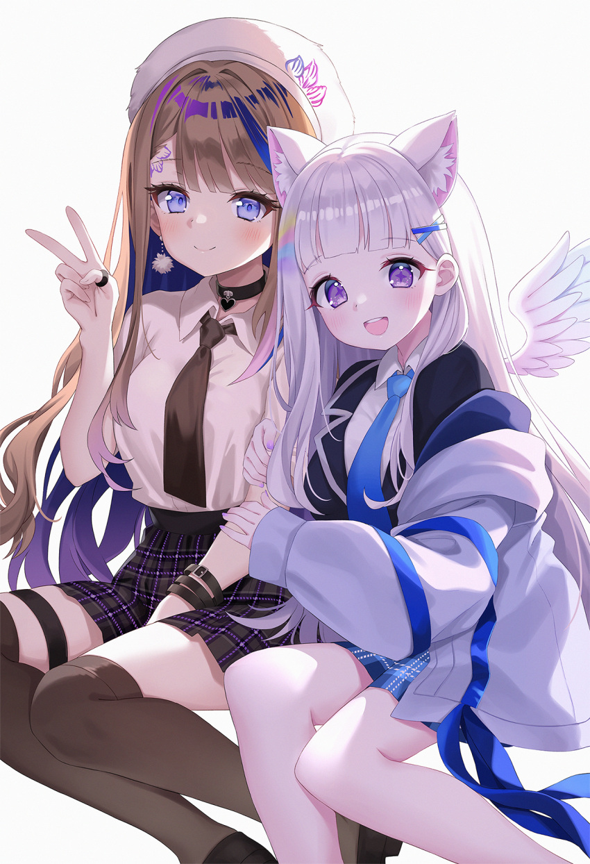 2girls :d airi_kanna animal_ear_fluff animal_ears arm_hug ayatsuno_yuni beret black_jacket black_skirt blue_necktie blue_skirt brown_hair brown_thighhighs chobi_(penguin_paradise) collared_shirt commentary_request feathered_wings feet_out_of_frame grey_background grey_hair hair_ornament hairclip hand_up hat highres hood hood_down hooded_jacket jacket long_hair long_sleeves multiple_girls nail_polish necktie over-kneehighs plaid plaid_skirt pleated_skirt puffy_long_sleeves puffy_sleeves purple_nails shirt simple_background skirt sleeves_past_wrists smile stellive thigh-highs v very_long_hair violet_eyes virtual_youtuber white_background white_headwear white_shirt white_wings wings