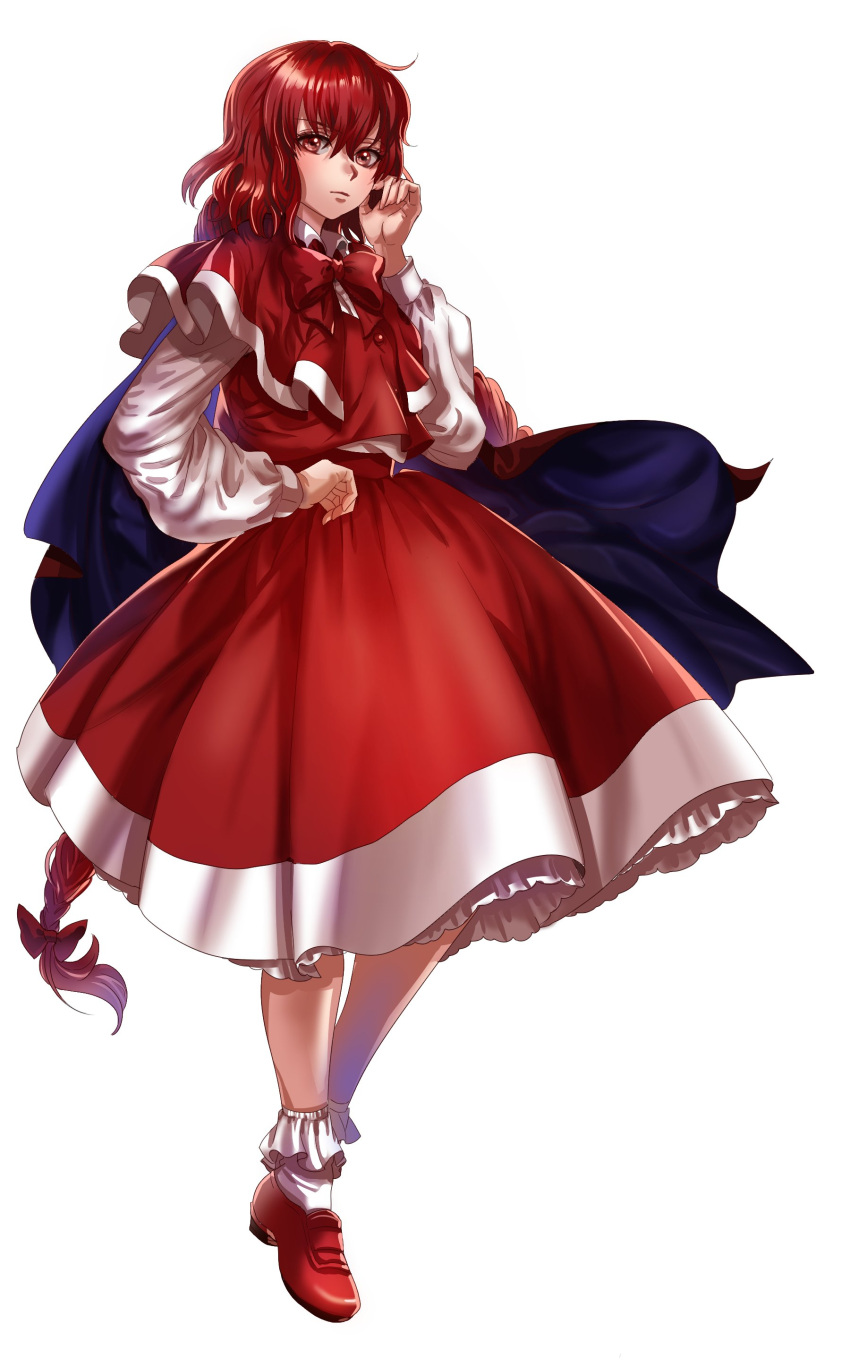 1girl absurdres black_cape braid cape closed_mouth commentary_request full_body hair_between_eyes highres korean_commentary kuya_(hey36253625) long_hair okazaki_yumemi petticoat red_cape red_eyes red_footwear red_skirt red_vest redhead shoes skirt socks solo touhou touhou_(pc-98) transparent_background twin_braids vest white_socks