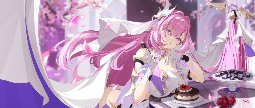 1girl blush cake cherry cherry_blossoms chocolate_cake closed_mouth doge_onion elysia_(herrscher_of_human:ego)_(honkai_impact) elysia_(honkai_impact) food fork fruit glass_table gloves hair_ornament highres holding holding_fork honkai_(series) honkai_impact_3rd leaning_on_table long_hair looking_at_viewer pink_hair solo table very_long_hair violet_eyes white_gloves