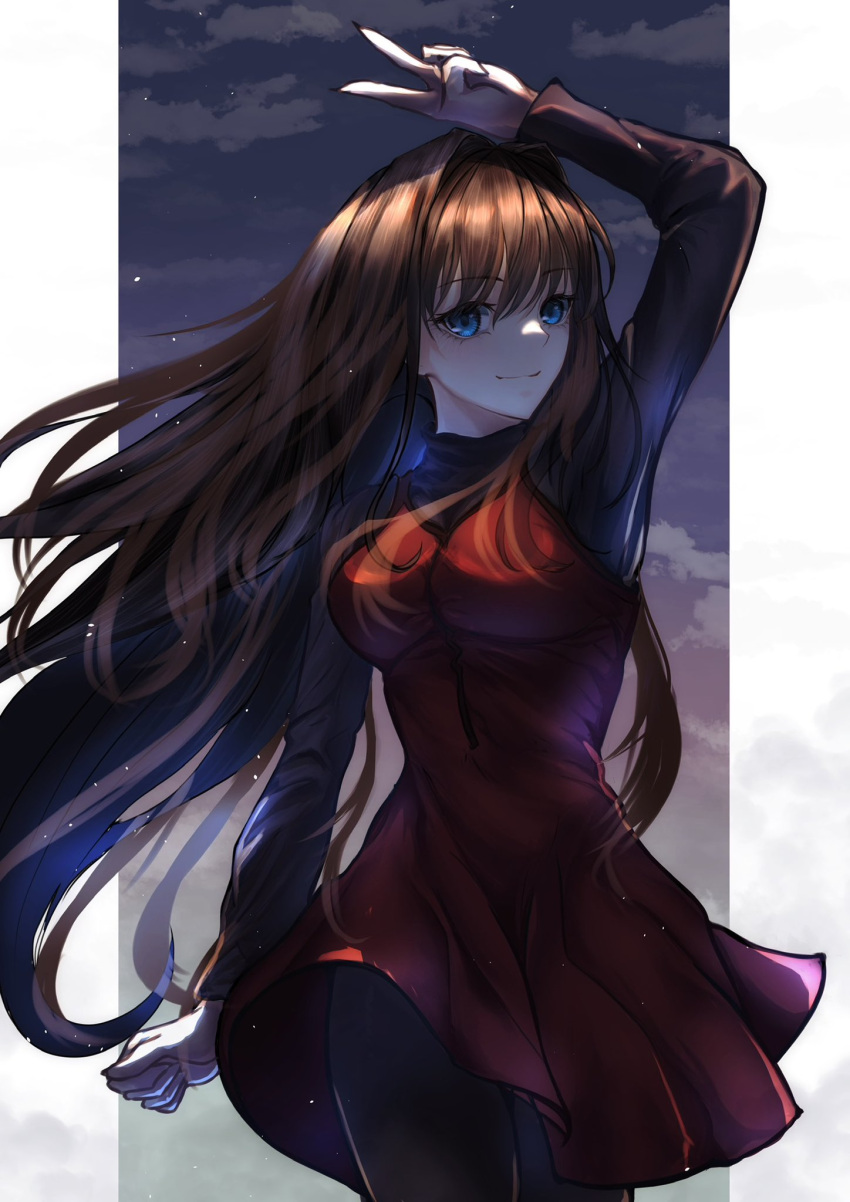 1girl aozaki_aoko black_pantyhose black_sweater blue_eyes breasts brown_hair closed_mouth commentary_request dress floating_hair hair_intakes highres long_hair long_sleeves looking_at_viewer mahou_tsukai_no_yoru medium_breasts pantyhose red_dress smile solo sweater toomishou turtleneck turtleneck_sweater v