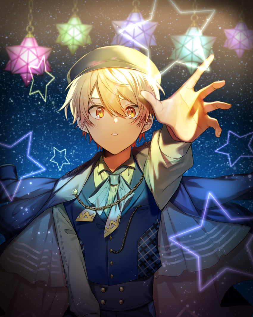 1boy black_sky blonde_hair blue_bow blue_bowtie blue_coat blue_headwear blue_pants blue_sky blue_vest bow bowtie breast_pocket buttons chain chanms coat coat_on_shoulders collar_chain_(jewelry) collared_shirt commentary double-breasted double-parted_bangs gradient_eyes gradient_sky hair_between_eyes hat hexagram high-waist_pants highres long_sleeves looking_at_viewer male_focus multicolored_clothes multicolored_eyes multicolored_headwear multicolored_vest night night_sky orange_eyes orange_hair outstretched_arm pants parted_lips plaid plaid_headwear plaid_vest pocket print_bow print_bowtie project_sekai reaching reaching_towards_viewer shirt short_hair sky solo star_(sky) star_(symbol) starry_sky straight-on tenma_tsukasa two-tone_bowtie upper_body vest waistcoat white_shirt yellow_bow yellow_bowtie