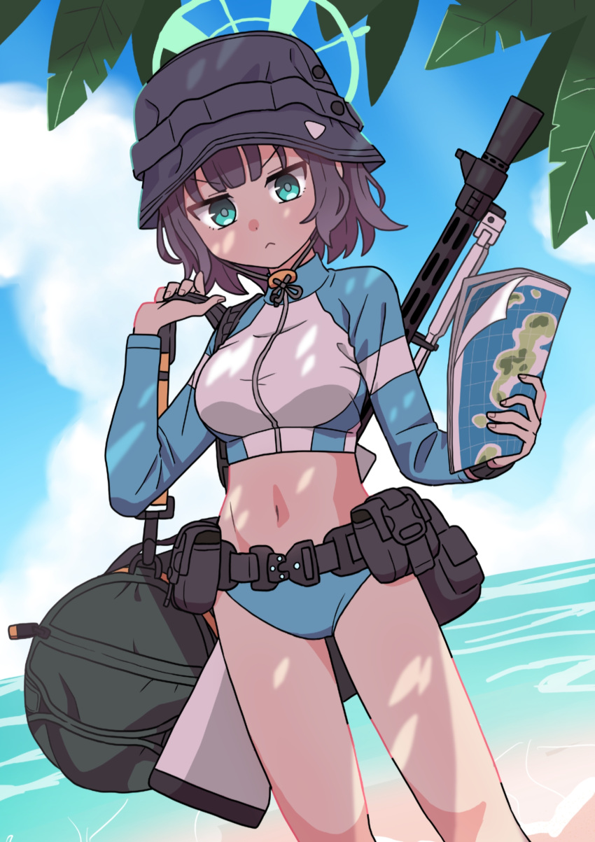 1girl absurdres bag beach belt belt_pouch bikini bikini_bottom_only black_hair blue_archive blue_sky blurry clouds cloudy_sky commentary_request crop_top cropped_jacket depth_of_field green_eyes hair_between_eyes halo hat highres holding holding_map horizon lahti-saloranta_m/26 long_sleeves looking_at_viewer map medium_hair navel ocean official_alternate_costume outdoors pouch saki_(swimsuit)_(blue_archive) short_hair shoulder_bag sky solo stomach swimsuit v-shaped_eyebrows washin weapon weapon_on_back