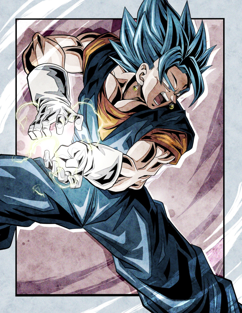 1boy angry biceps blue_eyes blue_hair blue_pants blue_sash border brown_background commentary_request dougi dragon_ball dragon_ball_super earrings energy energy_ball gloves grey_border highres jewelry kamehameha_(dragon_ball) male_focus muscular muscular_male open_mouth orange_shirt outside_border pants pectorals potara_earrings sash shirt short_sleeves simple_background solo spiky_hair standing super_saiyan super_saiyan_blue teeth tongue ushi_(akabec0) v-shaped_eyebrows vegetto white_gloves