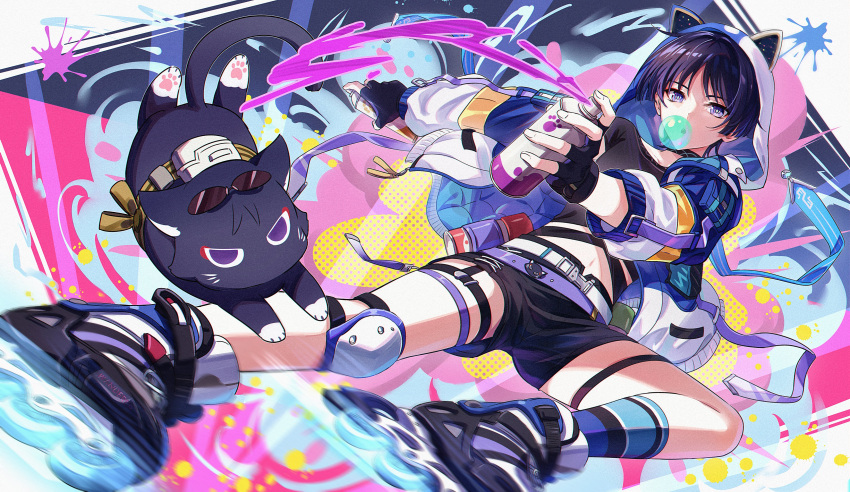 1boy absurdres animal_ears animal_hood black_cat black_gloves black_shirt black_shorts blue_jacket bubble_blowing cat chewing_gum cosplay crop_top crossover dual_persona fake_animal_ears fcc_(fengcheche) fingerless_gloves genshin_impact gloves highres honkai:_star_rail honkai_(series) hood hood_up jacket male_focus mihoyo multicolored_clothes multicolored_jacket purple_hair red_eyeliner scaramouche_(cat)_(genshin_impact) scaramouche_(genshin_impact) shirt shorts silver_wolf_(honkai:_star_rail) silver_wolf_(honkai:_star_rail)_(cosplay) solo thigh_strap violet_eyes white_jacket
