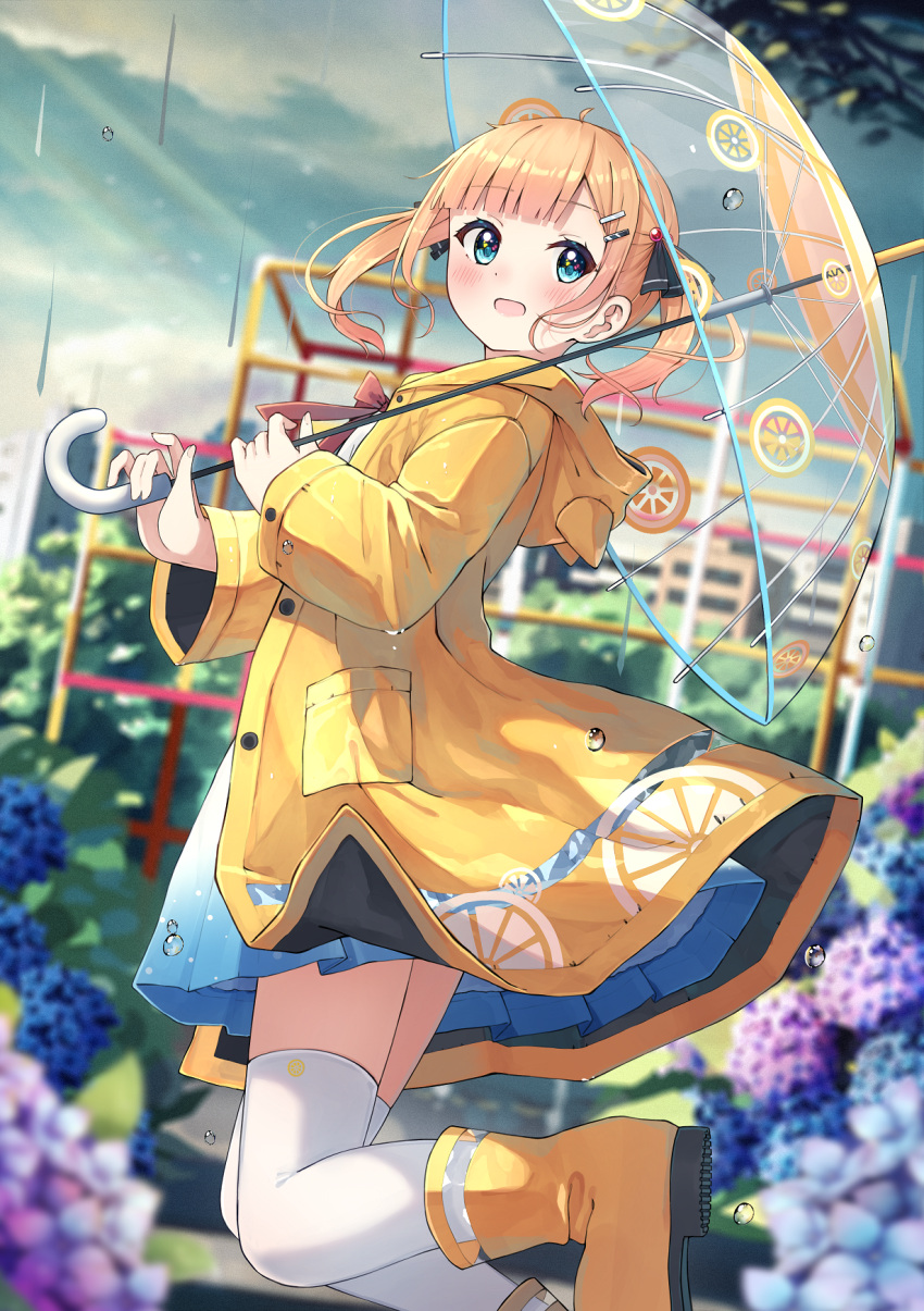 1girl :d animal_ears animal_hood blonde_hair blue_dress blue_eyes blue_flower blue_sky blunt_bangs blurry blurry_background blush boots clouds commentary_request day depth_of_field dress enuni fake_animal_ears flower hair_ornament hairclip highres holding holding_umbrella hood hood_down hooded_jacket hoshino_sora_(enuni) hydrangea jacket jungle_gym long_hair looking_at_viewer looking_to_the_side open_clothes open_jacket original outdoors purple_flower raincoat rubber_boots sky smile solo thigh-highs thighhighs_under_boots transparent transparent_umbrella twintails umbrella water_drop white_thighhighs yellow_footwear yellow_jacket