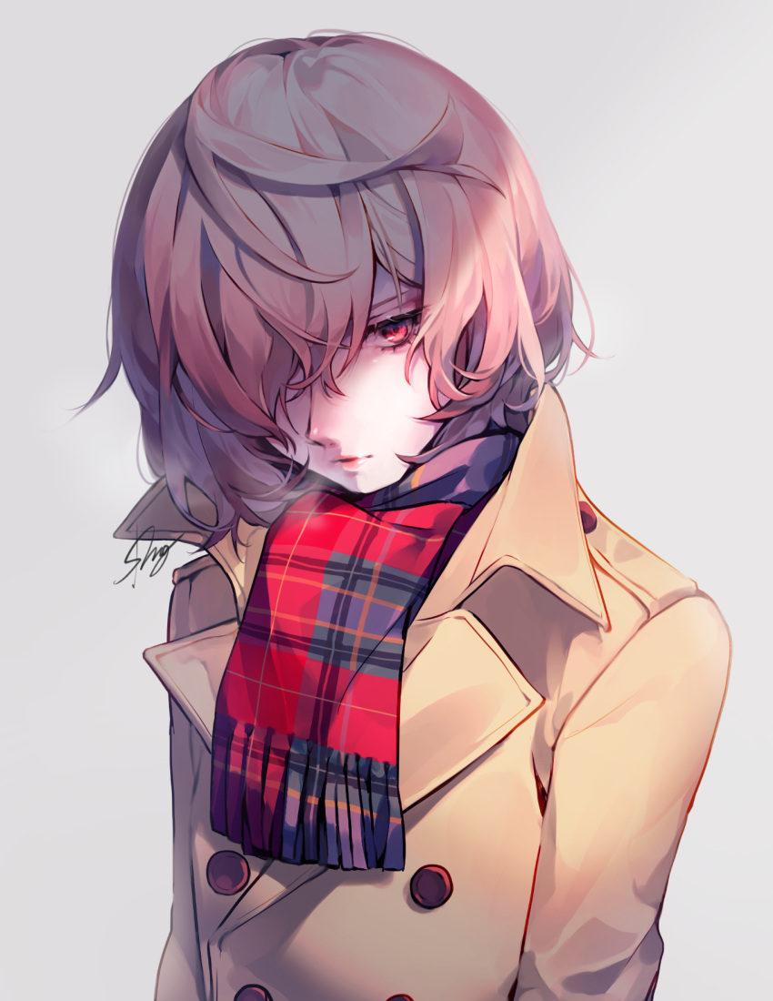 1boy akechi_gorou brown_coat buttons closed_mouth coat eyelashes frown highres long_sleeves male_focus persona persona_5 plaid plaid_skirt red_eyes shimogu short_hair signature simple_background skirt solo upper_body white_background