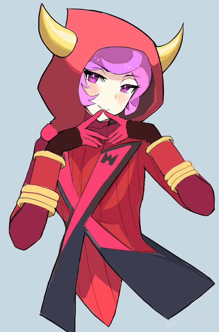 1girl blush bracelet courtney_(pokemon) flat_chest gloves highres hood hoodie horned_hood horns jewelry looking_at_viewer pokemon pokemon_(game) pokemon_oras purple_hair red_gloves red_hoodie ribbed_sweater smile solo spyg sweater team_magma_uniform upper_body violet_eyes yellow_horns