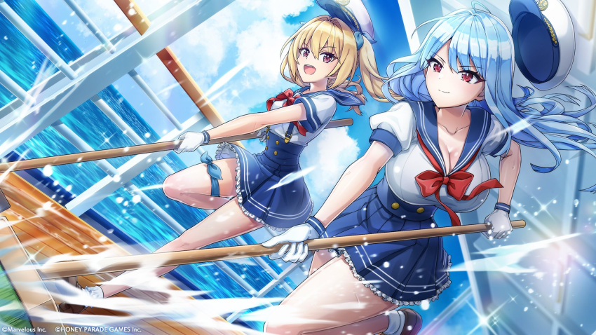 2girls blonde_hair blue_hair blue_sky breasts broom clouds dolphin_wave frilled_skirt frills gloves hair_ribbon handrail hat highres holding holding_broom kazami_ellen large_breasts long_hair multiple_girls nayuki_hiori ocean ootomo_takuji peaked_cap pleated_skirt puffy_short_sleeves puffy_sleeves red_eyes ribbon sailor sailor_collar ship_deck short_sleeves skirt sky small_breasts socks thigh_strap twintails