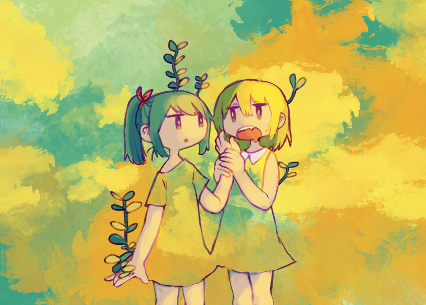 2girls arm_at_side bare_shoulders blonde_hair bright_pupils brown_eyes collared_dress cowboy_shot dress drooling fang green_background green_hair hair_between_eyes hair_ribbon hand_up hands_up highres holding_another's_wrist jitome kezuru legs_together looking_at_another medium_hair mouth_drool multicolored_background multiple_girls no_sclera open_mouth original parted_lips red_ribbon ribbon short_sleeves single_bare_shoulder sleeveless sleeveless_dress sprout sprout_on_head standing sundress teeth upper_teeth_only yellow_background yellow_dress