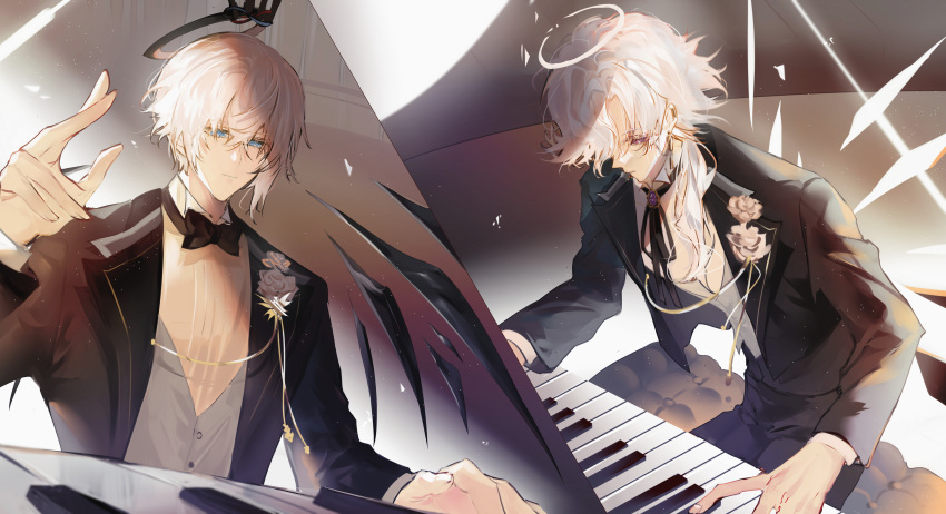 2boys absurdres alternate_costume angel_wings arknights blue_eyes bow bowtie enforcer_(arknights) executor_(arknights) grand_piano halo highres instrument multiple_boys piano shirt short_hair sitting suit tagme white_hair white_shirt wings zhizhi123
