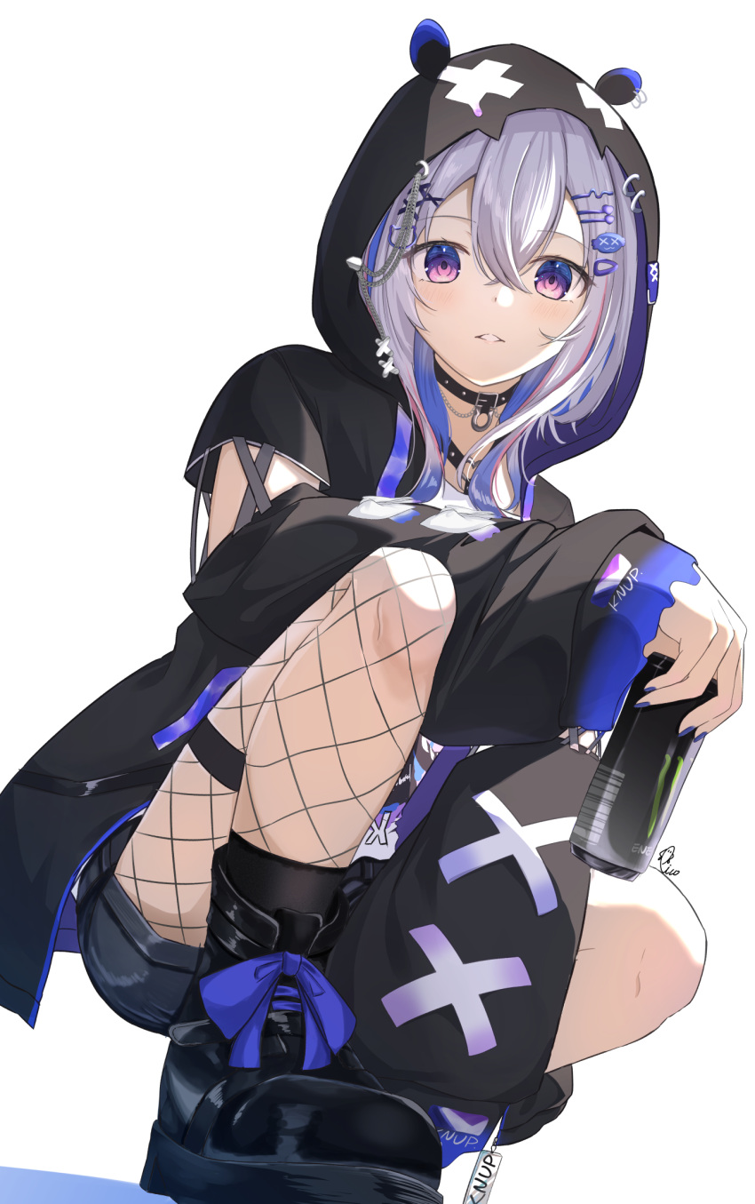 1girl amane_kanata amane_kanata_(6th_costume) blue_hair boots choker colored_inner_hair grey_hair hair_between_eyes hair_ornament hairclip highres hololive hood hood_up hoodie looking_at_viewer monster_energy multicolored_hair parted_lips piccolo_(gvgk8874) short_hair_with_long_locks simple_background single_fishnet_legwear sleeves_past_wrists solo squatting thigh_strap violet_eyes virtual_youtuber white_background