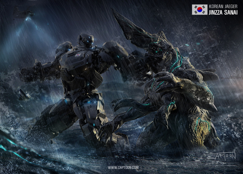 2013 aircraft alien battle captoon claws clenched_hand clouds concept_art creature dated duel english_commentary flying jinzza_sanai kaijuu lights machinery mecha monster night ocean original pacific_rim punching rain realistic robot science_fiction signature south_korean_flag storm water web_address