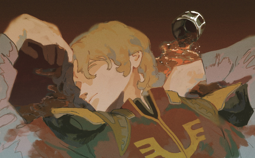 0ml 1boy absurdres alcohol blonde_hair char's_counterattack char_aznable closed_eyes closed_mouth cup drinking_glass expressionless film_grain gundam hair_down high_collar highres jacket long_sleeves lying male_focus military_uniform on_floor red_background red_jacket short_hair simple_background solo spill uniform upper_body