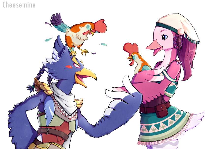 1boy 1girl absurdres animal animal_on_head arm_behind_back armor artist_name bandana bare_shoulders beak belt belt_pouch bird bird_boy bird_girl bird_tail black_eyes blue_eyes blue_fur blue_hair blue_wings blush_stickers body_fur braid breastplate cheesemine chicken collarbone colored_sclera commentary constricted_pupils cowboy_shot cucco earrings english_commentary feathered_wings feathers from_side furry furry_female furry_male furry_with_furry green_eyes green_shirt green_skirt hair_ribbon hair_tie hand_up hands_up happy head_scarf hetero highres holding holding_animal holding_hands jewelry looking_at_another looking_up medium_hair miniskirt nervous on_head open_mouth original pink_fur pink_wings pouch profile revali ribbon rito shirt shoulder_pads simple_background skirt sleeveless sleeveless_shirt smile standing strap_slip tail the_legend_of_zelda the_legend_of_zelda:_breath_of_the_wild tongue two-tone_fur upper_body watermark white_background white_bandana white_fur white_headwear winged_arms wings yellow_sclera