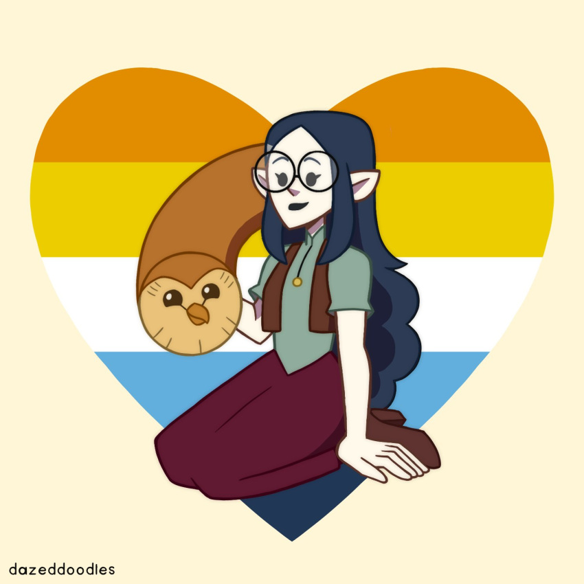 1girl 1other aroace_flag artist_name blue_hair brown_fur brown_hair dazeddoodles full_body glasses heart highres hooty_(the_owl_house) lilith_clawthorne long_hair looking_at_another owl_boy pale_skin pointy_ears simple_background smile the_owl_house