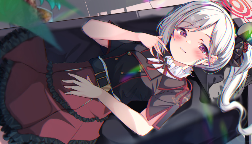 1girl belt blue_archive couch hair_ornament hair_scrunchie halo highres mutsuki_(blue_archive) neck_ribbon on_couch paru_364364 red_ribbon ribbon school_uniform scrunchie side_ponytail skirt tongue violet_eyes white_hair