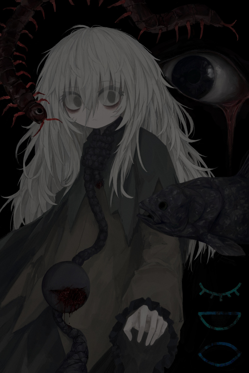 1girl absurdres black_background blouse bug centipede closed_mouth dark expressionless eyeball fish frilled_sleeves frills green_skirt grey_hair highres horror_(theme) komeiji_koishi long_sleeves looking_to_the_side medium_hair messy_hair no_headwear noose reverinth scared shirt skirt solo third_eye touhou upper_body wide_sleeves yellow_shirt
