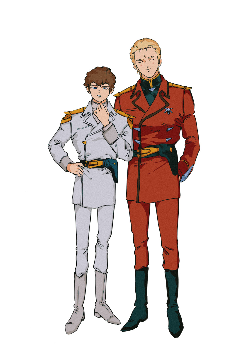 0ml 2boys absurdres alternate_universe amuro_ray black_footwear black_shirt blonde_hair blue_eyes blush boots brown_hair char's_counterattack char_aznable closed_eyes closed_mouth coat film_grain full_body grey_footwear gundam hair_slicked_back hand_on_own_hip high_collar highres long_sleeves looking_at_viewer male_focus military_uniform multiple_boys open_mouth pants red_coat red_pants scar scar_on_face scar_on_forehead shirt short_hair shoulder_boards simple_background smile standing turtleneck uniform white_background white_coat white_pants white_shirt