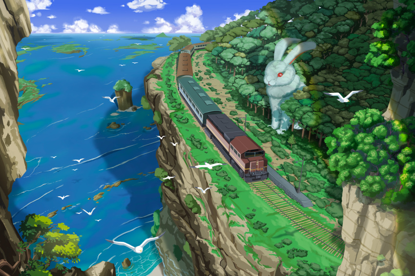 animal bird cliff clouds cloudy_sky day forest highres looking_at_object nature no_humans ocean original oversized_animal rabbit railroad_tracks scenery seagull shadow sky sleepylion train tree