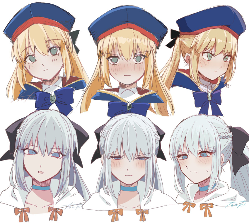 2girls angry artoria_caster_(fate) artoria_caster_(second_ascension)_(fate) artoria_pendragon_(fate) beret black_bow blue_bow blue_choker blue_cloak blue_eyes blue_headwear blush bow cape choker cloak closed_mouth collared_shirt fate/grand_order fate_(series) gem green_eyes green_gemstone hair_between_eyes hair_bow hat highres long_hair looking_at_viewer morgan_le_fay_(fate) multiple_girls open_mouth shirt tsu_ki2 twintails white_background white_cape white_shirt