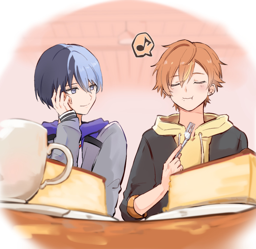 2boys aoyagi_touya birthday_cake blonde_hair blue_eyes blue_hair blush cake cheesecake closed_eyes closed_mouth commentary_request cup dark_blue_hair drawstring earrings food fork hair_between_eyes hand_on_own_face hand_up holding holding_fork hood hood_down hoodie jacket_over_hoodie jewelry long_sleeves looking_at_another male_focus mizuyoshi mole mole_under_eye multicolored_hair multiple_boys musical_note orange_hair partial_commentary project_sekai shinonome_akito short_hair sleeves_past_elbows smile split-color_hair spoken_musical_note streaked_hair two-tone_hair upper_body yellow_hoodie