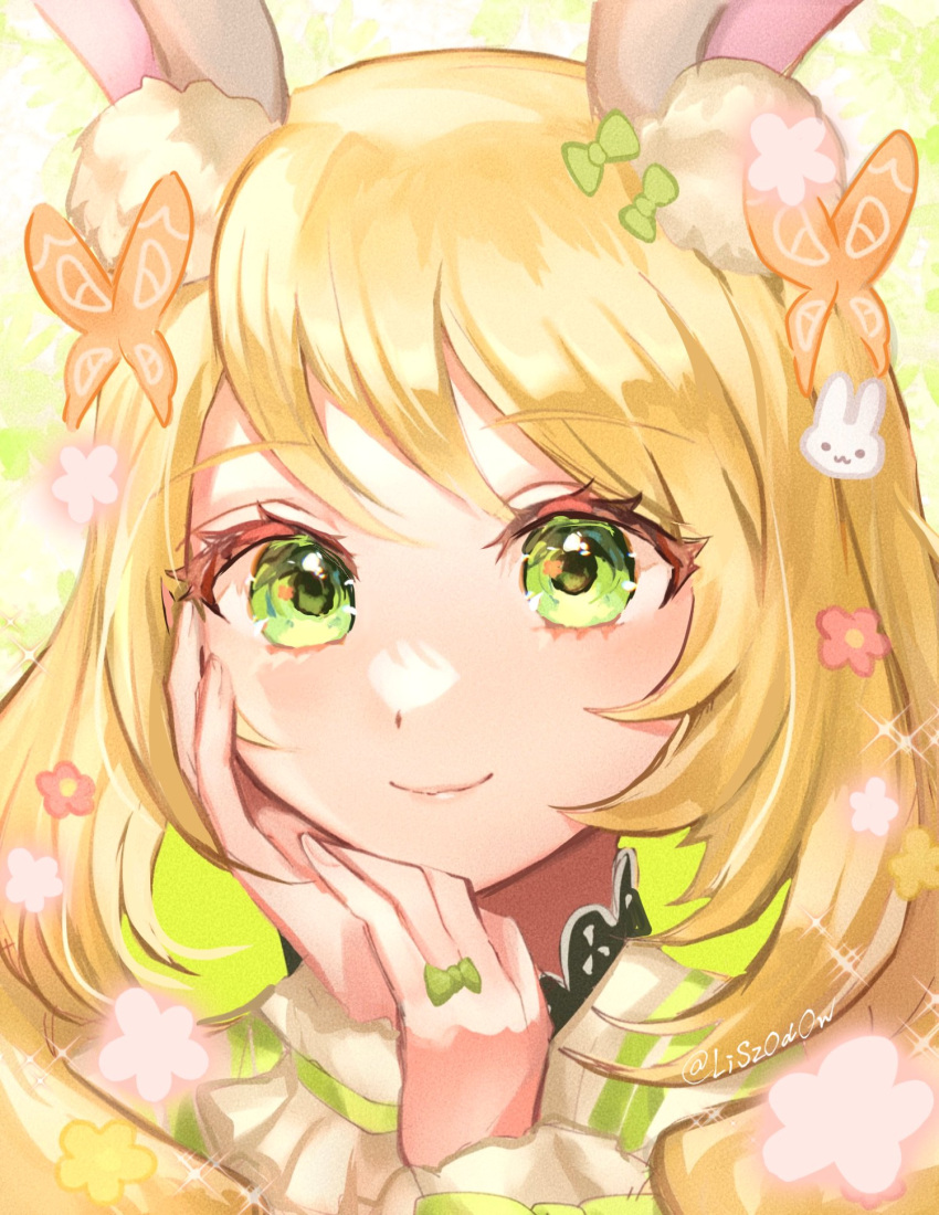 1girl animal_ears blonde_hair bow butterfly_hair_ornament celine_(fire_emblem) closed_mouth eyelashes finger_bow fire_emblem fire_emblem_engage flower green_bow green_eyes hair_flower hair_ornament hand_on_own_face highres long_hair looking_at_viewer rabbit_ears smile solo twitter_username upper_body youhei_choregi