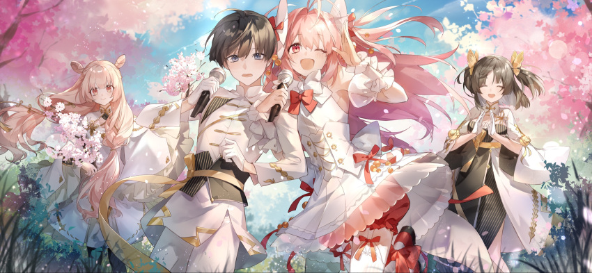2boys 2girls ;d ^_^ androgynous antenna_hair black_dress black_hair black_sash blue_eyes blue_sky blurry blurry_background blush bow bowtie branch brown_hair butterfly_hair_ornament character_request cherry_blossoms china_dress chinese_clothes closed_eyes closed_mouth clouds corset cowboy_shot day double_bun dress e_(h798602056) eyelashes floating_hair flower frilled_cuffs frills gan_ling_long_(the_tale_of_food) garter_straps gloves gold_trim grass hair_between_eyes hair_bow hair_bun hair_intakes hair_ornament hair_over_shoulder half_gloves hand_up hands_up har-gow_(the_tale_of_food) highres holding holding_microphone jacket leg_up lens_flare light_particles locked_arms long_hair long_sleeves looking_at_viewer low_twintails male_master_(the_tale_of_food) microphone multiple_boys multiple_girls one_eye_closed open_mouth otoko_no_ko outdoors pants parted_bangs pink_eyes pink_flower pink_hair plant pleated_skirt puffy_shorts red_bow red_bowtie red_ribbon red_shorts ribbon sash shirt short_hair shorts sidelocks skirt sky sleeveless sleeveless_shirt smile standing tangzhuang the_tale_of_food thigh-highs tree twintails two_side_up very_long_hair white_bow white_bowtie white_corset white_dress white_gloves white_jacket white_pants white_shirt white_skirt white_thighhighs wide_sleeves wrist_cuffs yellow_ribbon